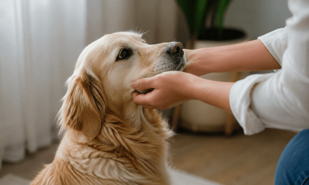 A person calmly holding a dog's muzzle during medication time