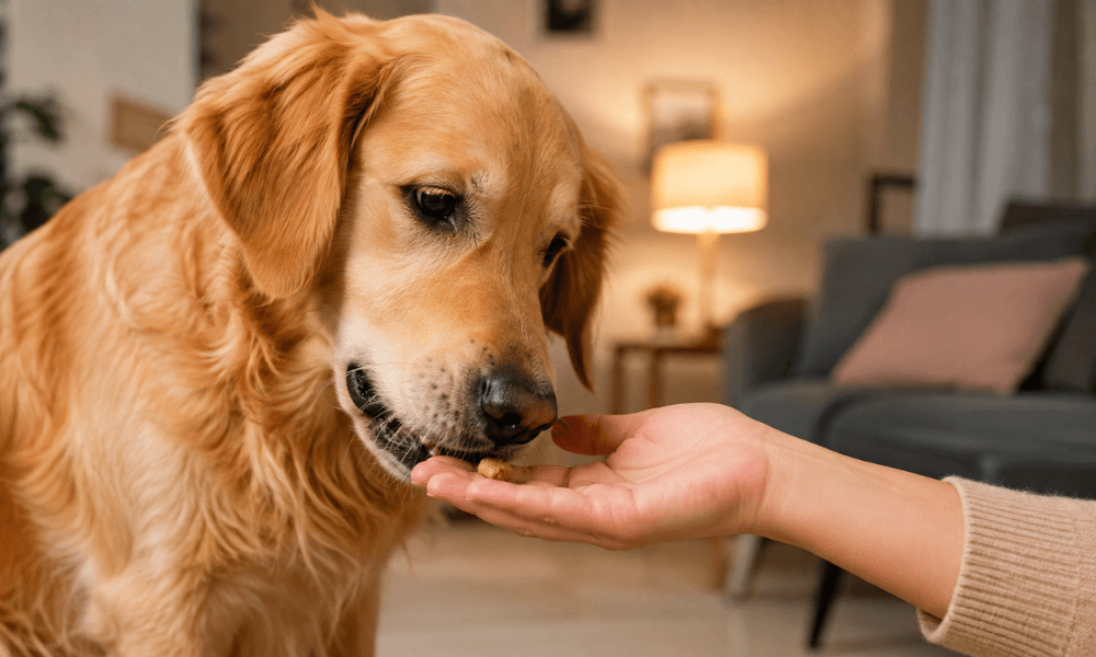 A dog taking a treat from someone's hand
